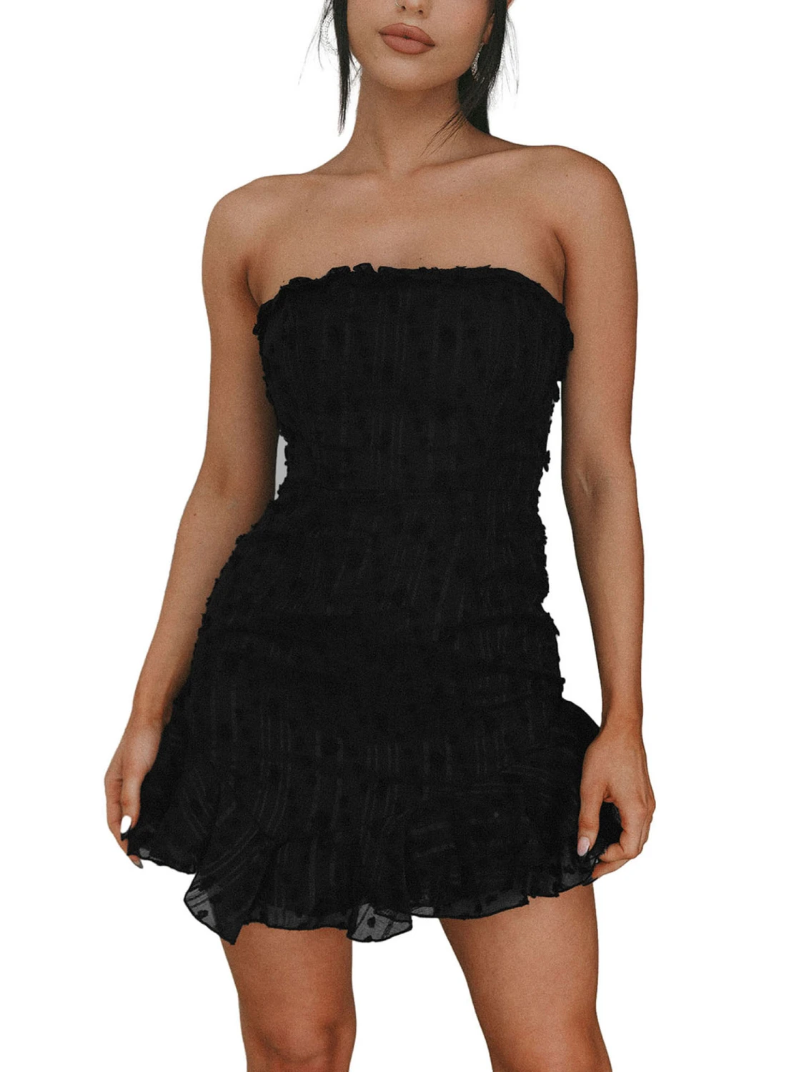 Women Mini Bodycon Dress Swiss Dot Boat Neck Strapless Tube Dress Summer Ruffles Hem Backless Party Dress