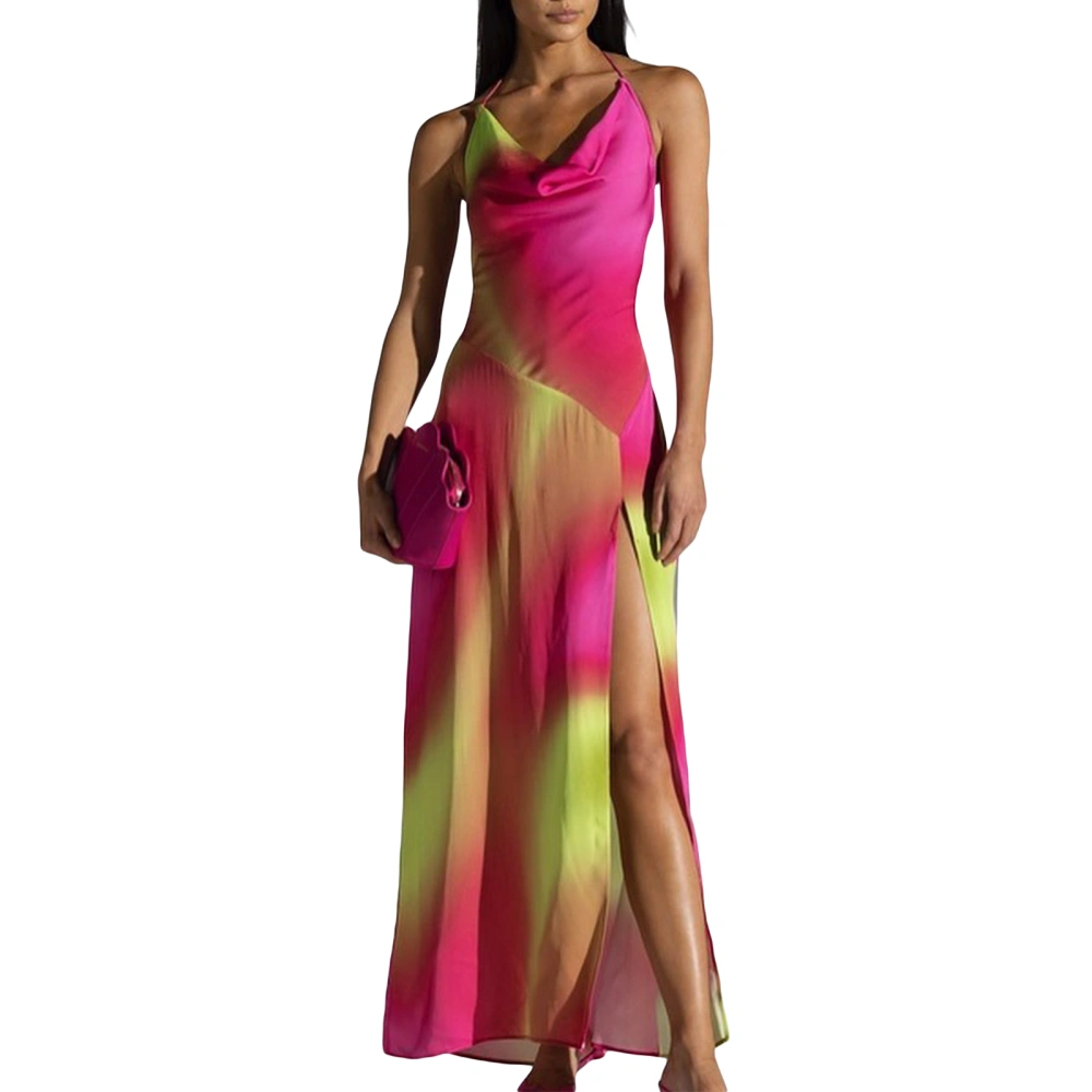 Women's Halter Long Dress Sleeveless Cross Tie-up Back Gradient Print Cocktail Party Dress Thigh Split Dress