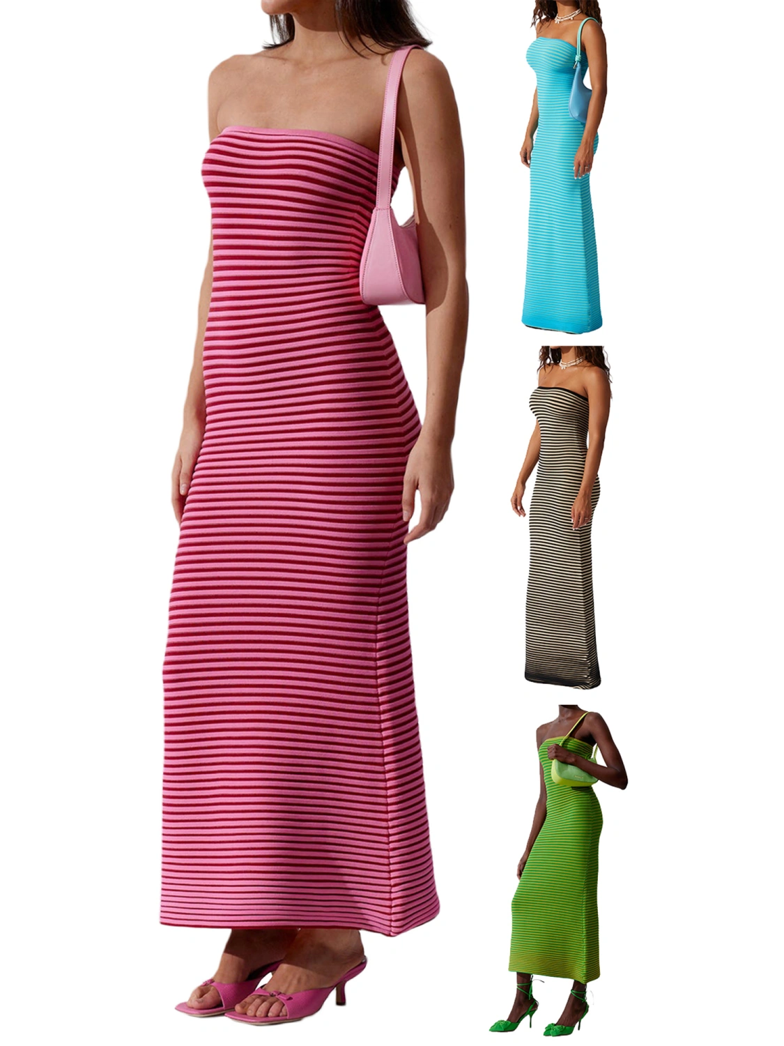 Women Long Bodycon Dress Stripe Boat Neck Strapless Tube Dress