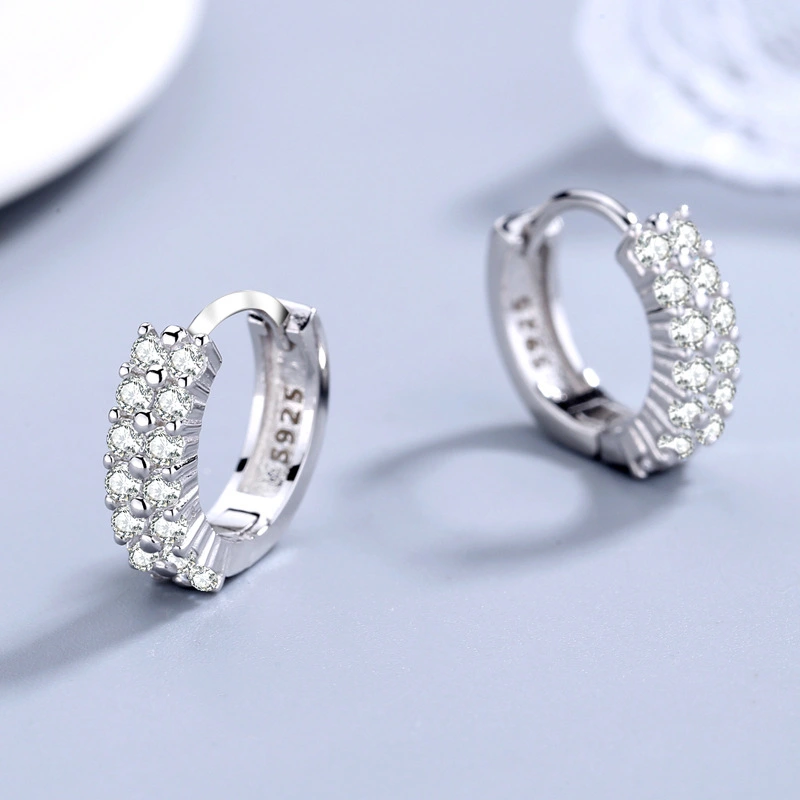 Elegant Round S925 Sterling Silver Double Row Diamond Earrings