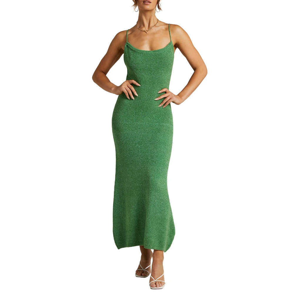 Women's Summer Long Fitted Dress Solid Color Sleeveless Low Cut Knit Spaghetti Strap Dress