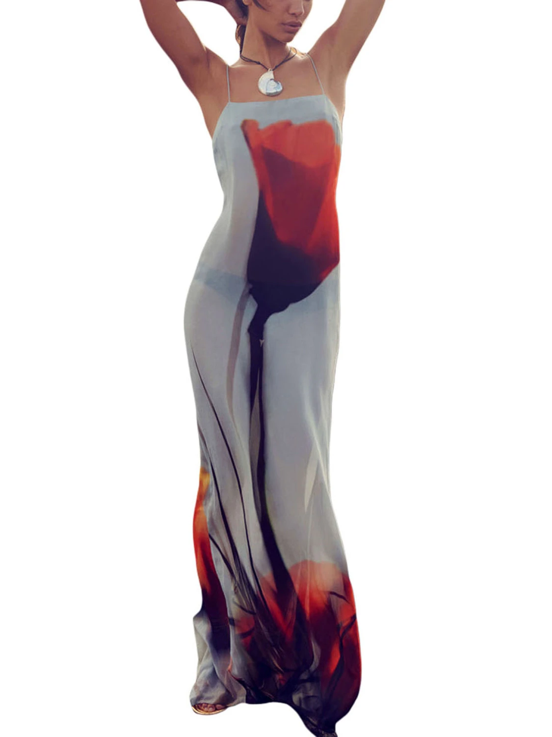 Women's Summer Cami Long Dress Spaghetti Strap Abstract Flower Print Sheer Backless Slip Dress