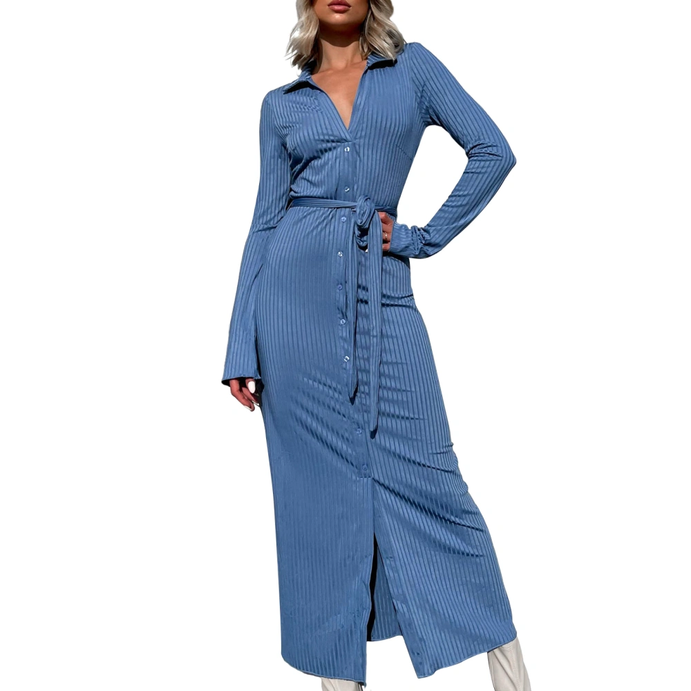 Women Long Sleeve Shirt Dress Solid Color Casual Button up Party Dress for Beach Cocktail Club Streetwear