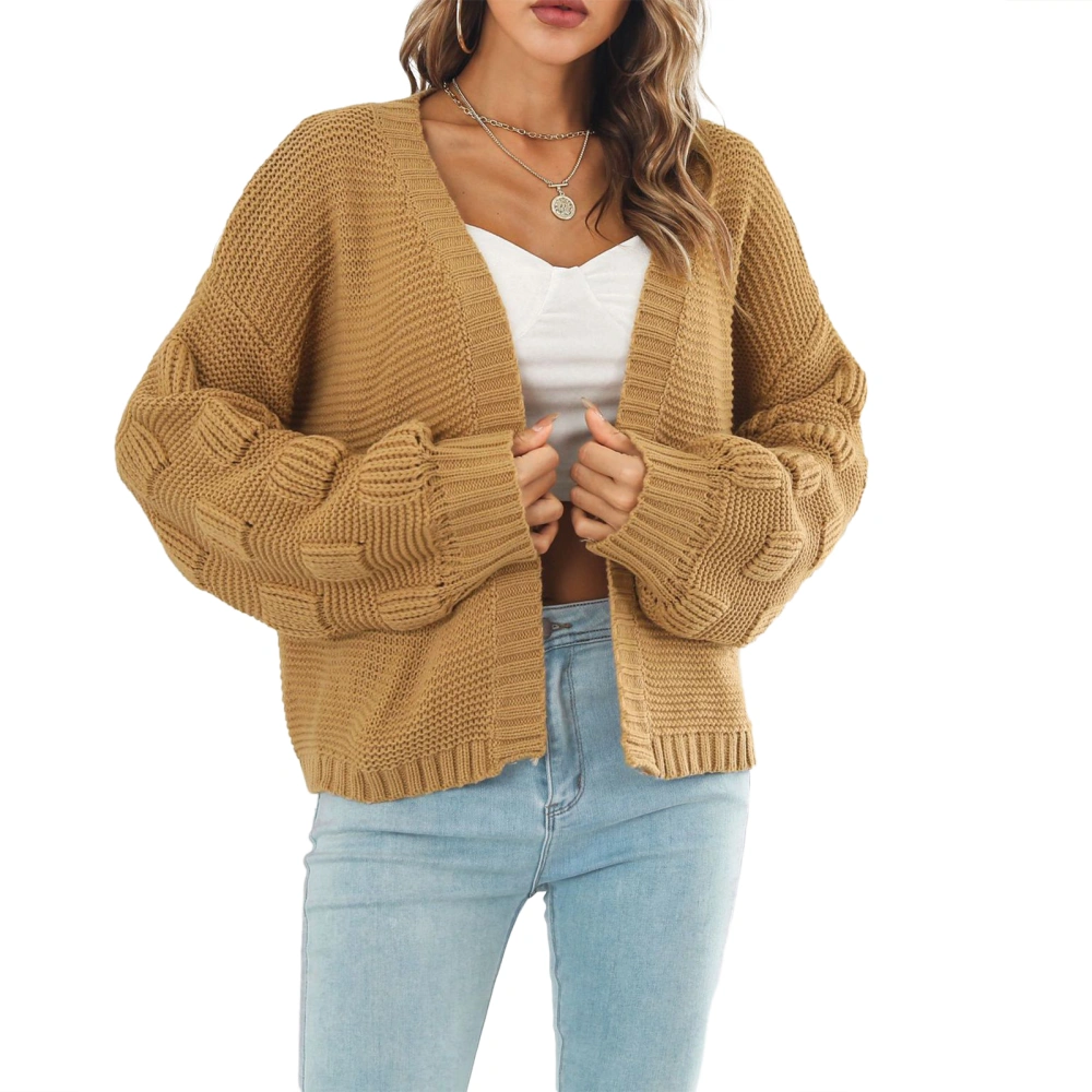 Women Fashion Open Front Cardigan Solid Color Long Lantern Sleeve Sweater Fall Winter Casual Soft Knit Coat