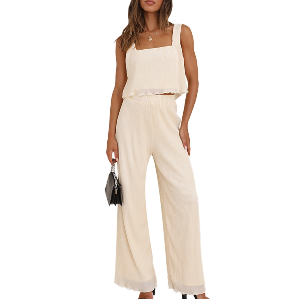 Women Summer 2 Piece Outfits Lettuce Trim Tank Tops and Wide Leg Pants