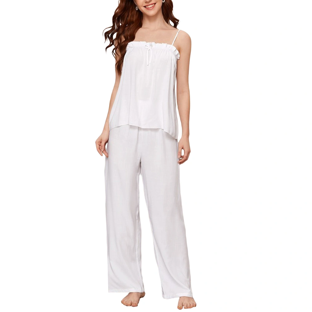 Women 2 Piece Loungewear Solid Color Ruffle Camisole and Loose Pants Pajama Set Soft Sleepwear for Nightwear