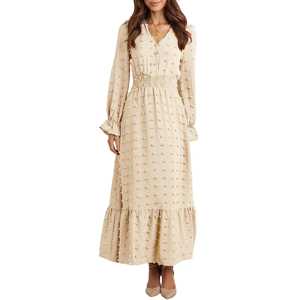 Women Long Dress, Long Sleeve Dress V-neck Jacquard Loose Swing Dress Casual Dress for Daily