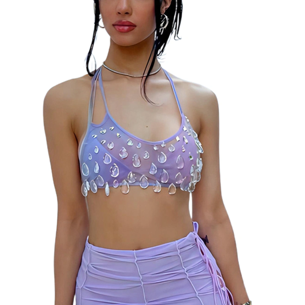 Women's Summer Fitted Cami Tops Purple Sleeveless Mesh Crop Tops Going Out Tops for Beach