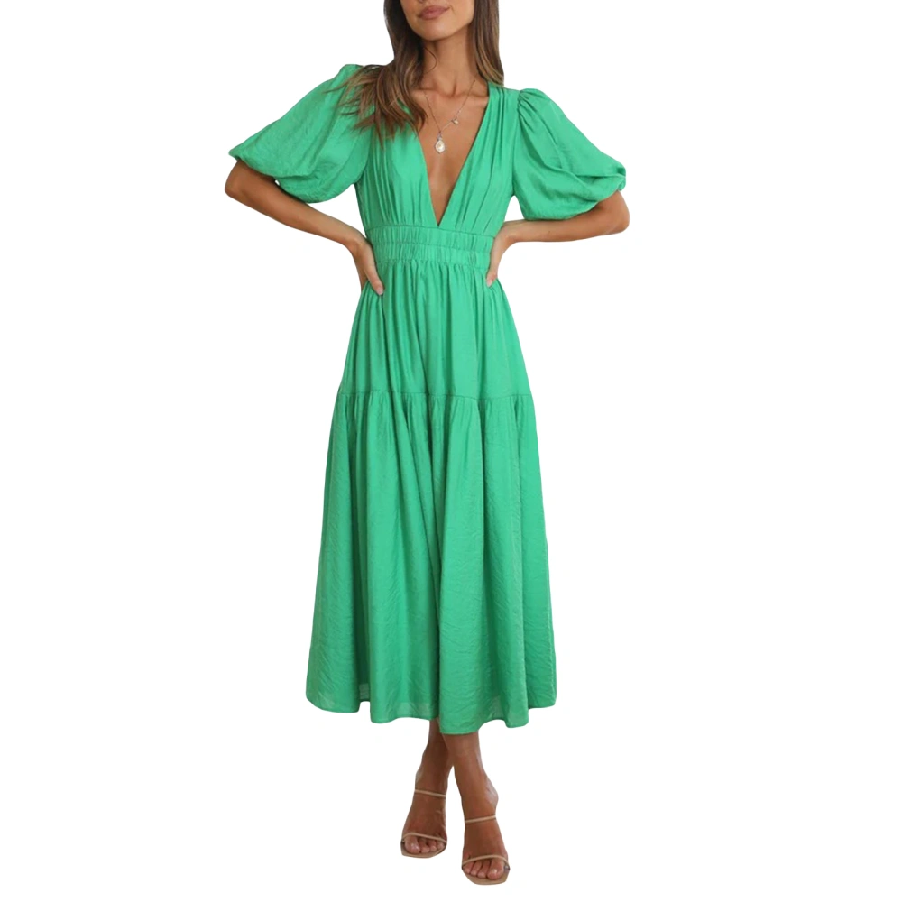 Women's Summer Solid Color Short Sleeve V Neck Pleated Dress