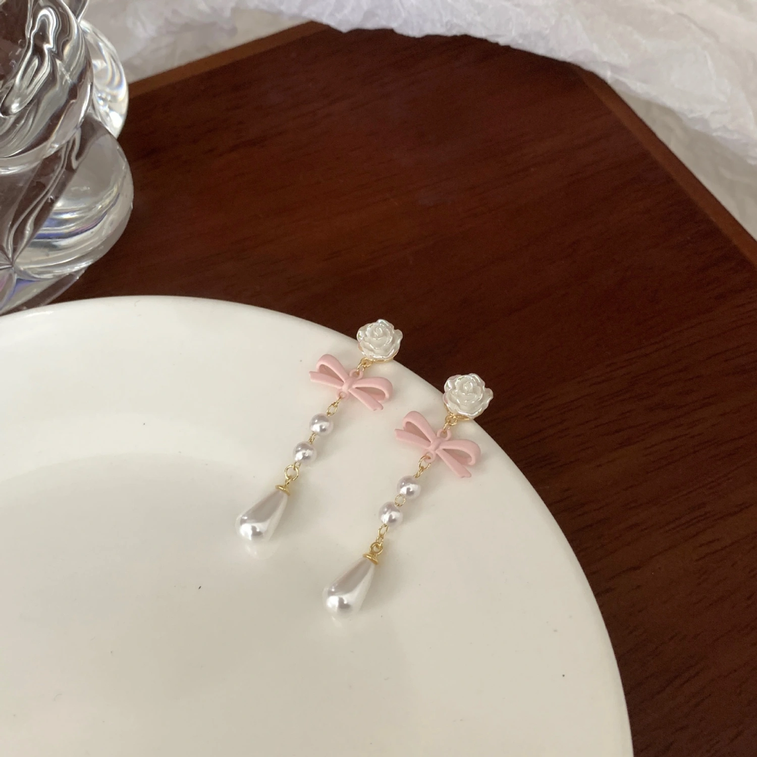 Silver Needle Pearl Tassel Flowers Earrings