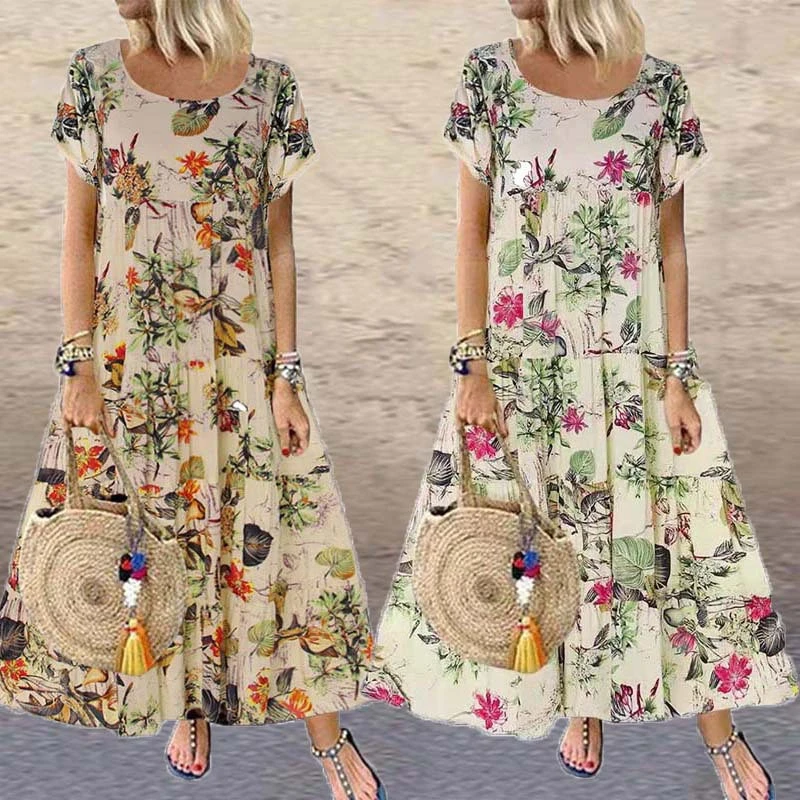 ZANZEA Women Summer Short Sleeved Kaftan Retro Floral Printed Long Dress Plus Size Maxi Dresses