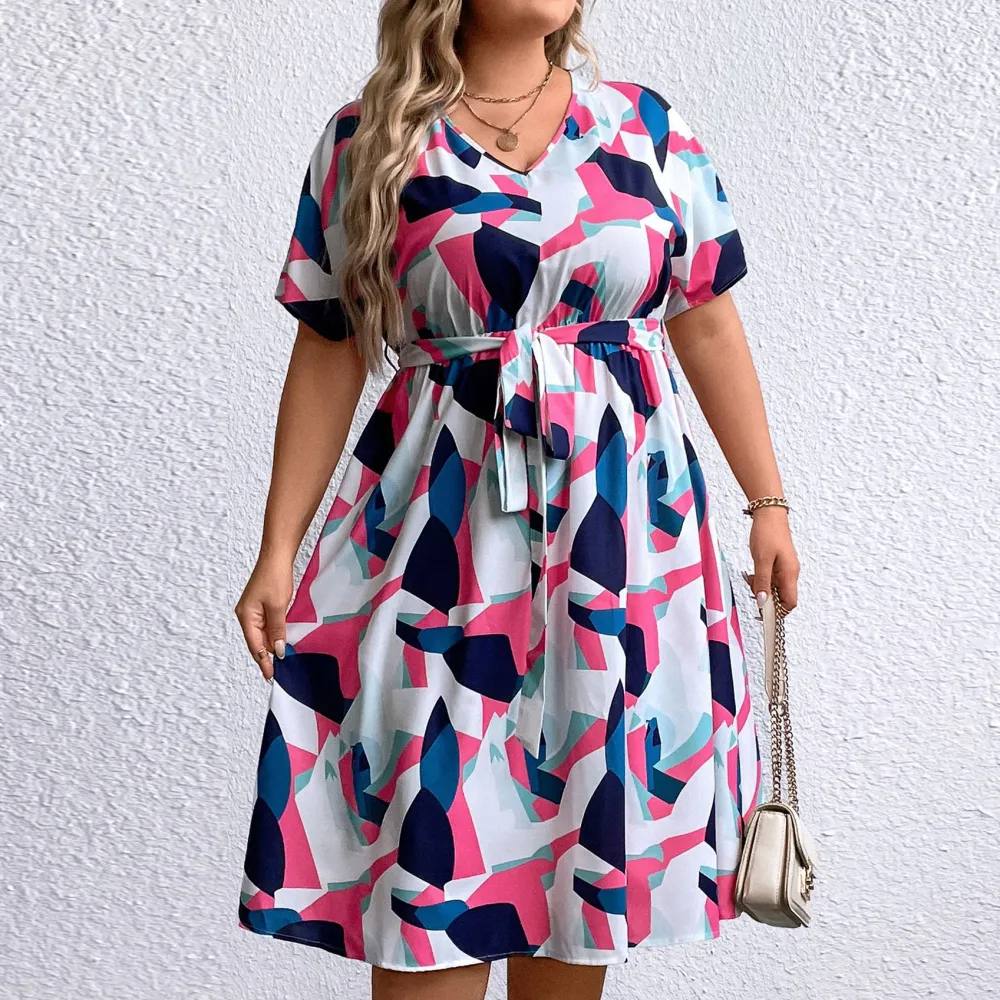 Summer Trendy Geometric Pattern Multi-color Mosaic Women's Plus Size V-neck Dress