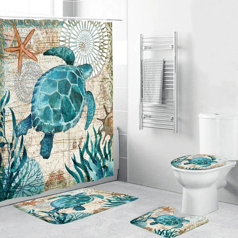 New Fashion 3D Sea Turtles Waterproof Shower Curtain Bathroom Waterproof Pedestal Rug Lid Toilet Cover Bath Mat