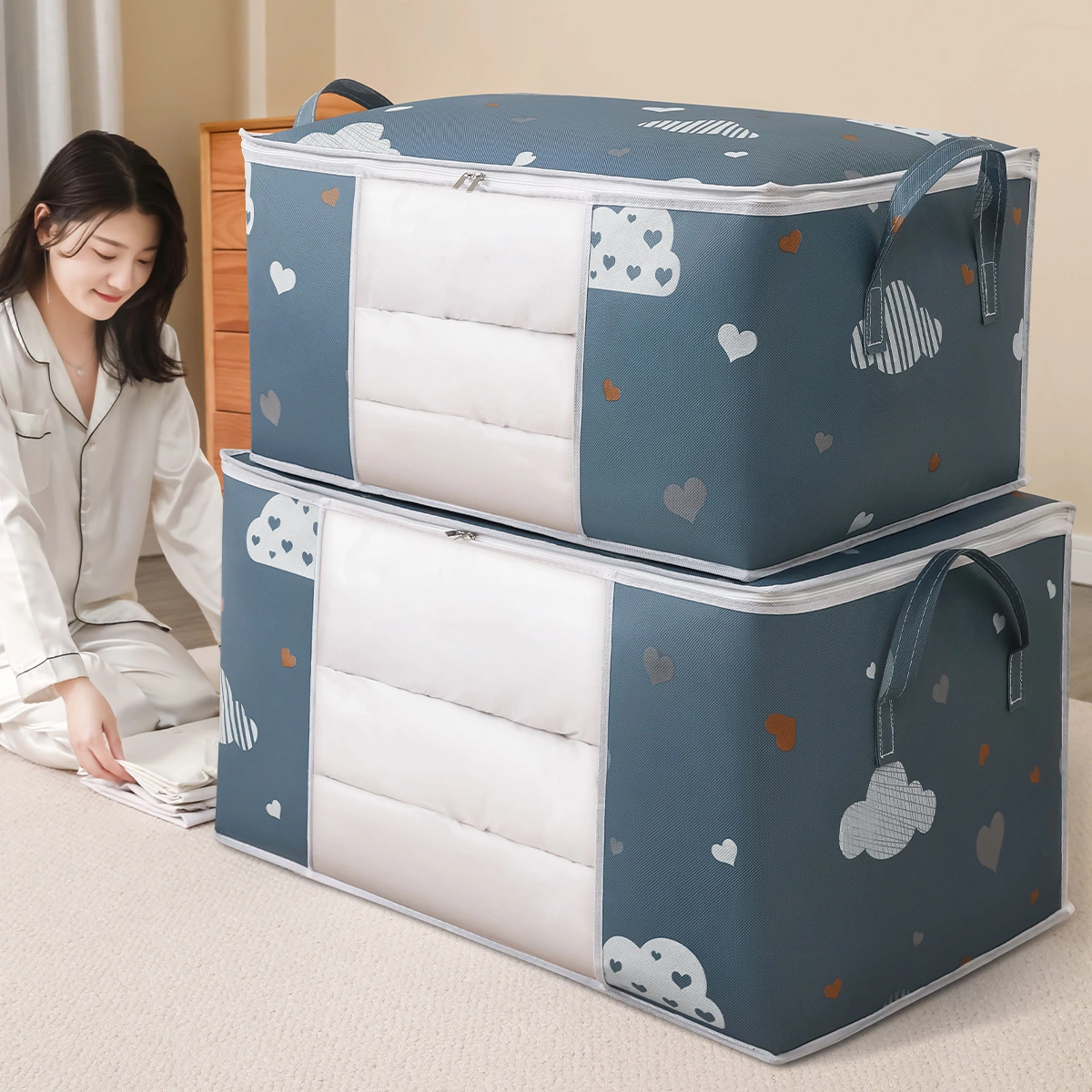 Large Capacity Clothes Storage Bag Organizer With Reinforced Handle, Suitable For Blankets, Bedding, Foldable With Sturdy Zipper, Clear Window