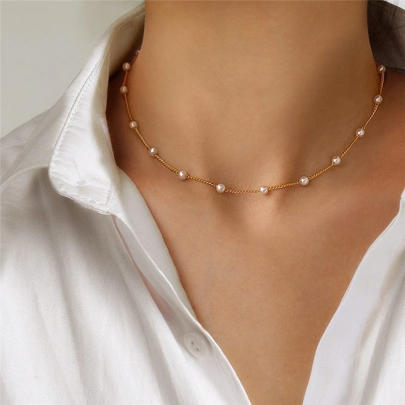 New Beads Women's Neck Chain simulation Pearl Necklace Gold Color Goth Chocker Jewelry On The Neck Pendant Collar For Girl