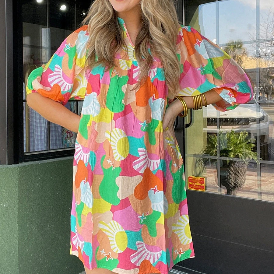 Women's Fashion Printing Puff Sleeve Dress