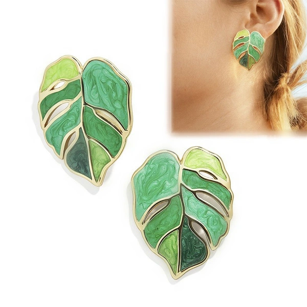 1/2 Pairs New Enamel Monstera Leaf Stud Earrings Fashion Bohemian Alloy Earrings Charms Jewelry Accessories