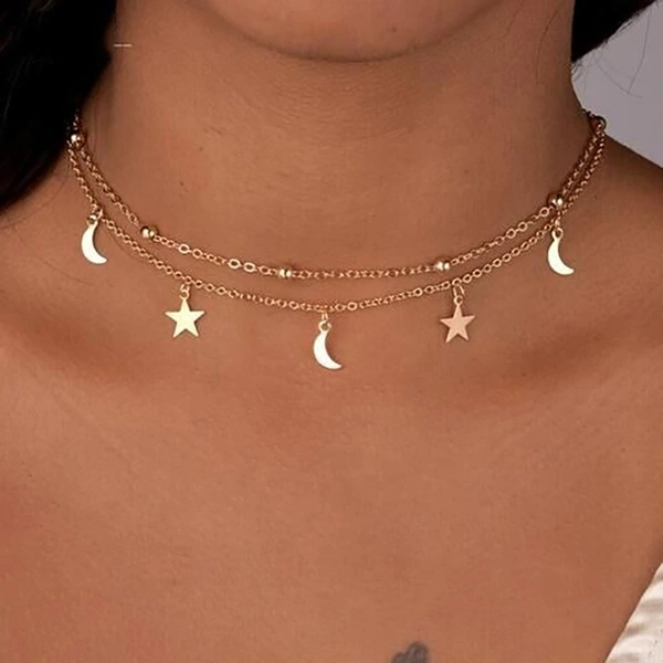 Hot Sell Fashion Jewelry 2 Layer Star Moon Choker Necklace Nice Gift for Women Girl 1Pcs