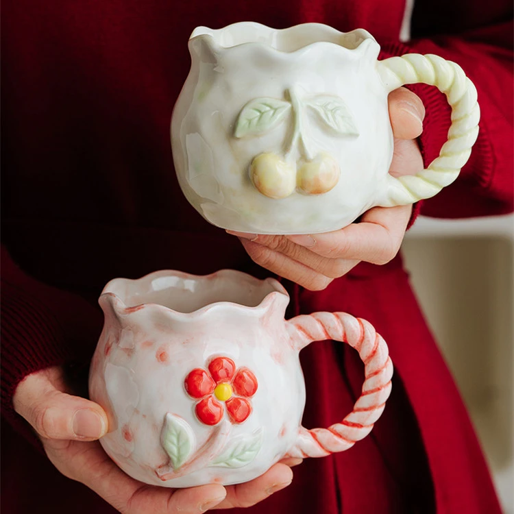 Hand Painted Embossed Pink Flower Ceramic Mug