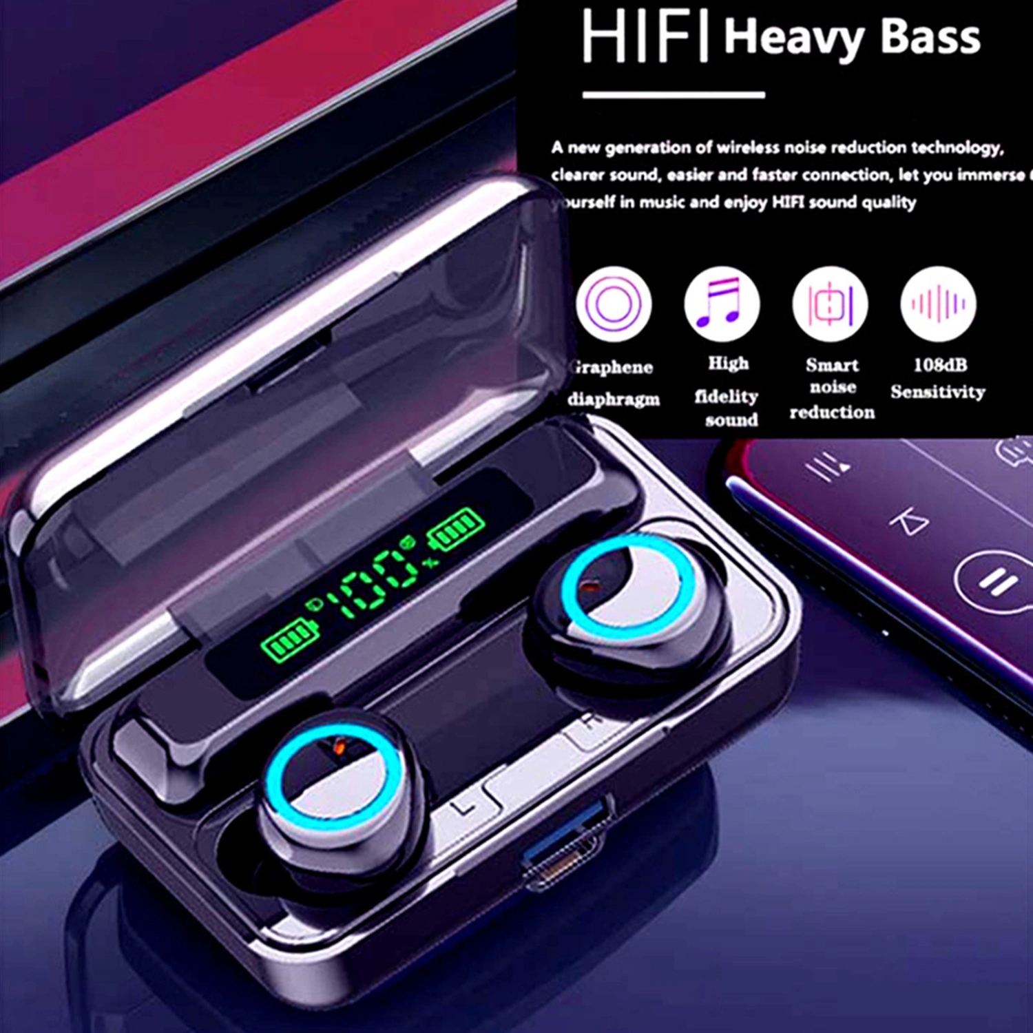 F9-3Bluetooth-compatible 5.1 Wireless Rechargeable Mini 9D Stereo In-ear Earphone
