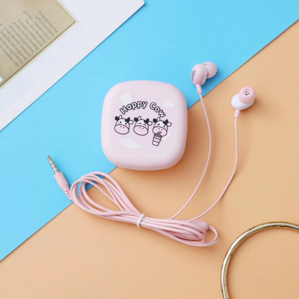 Wired Earphone Universal Noise Reduction Cute 3.5mm Cartoon Cow Pattern In-ear Earphone with Storage Box for Girl