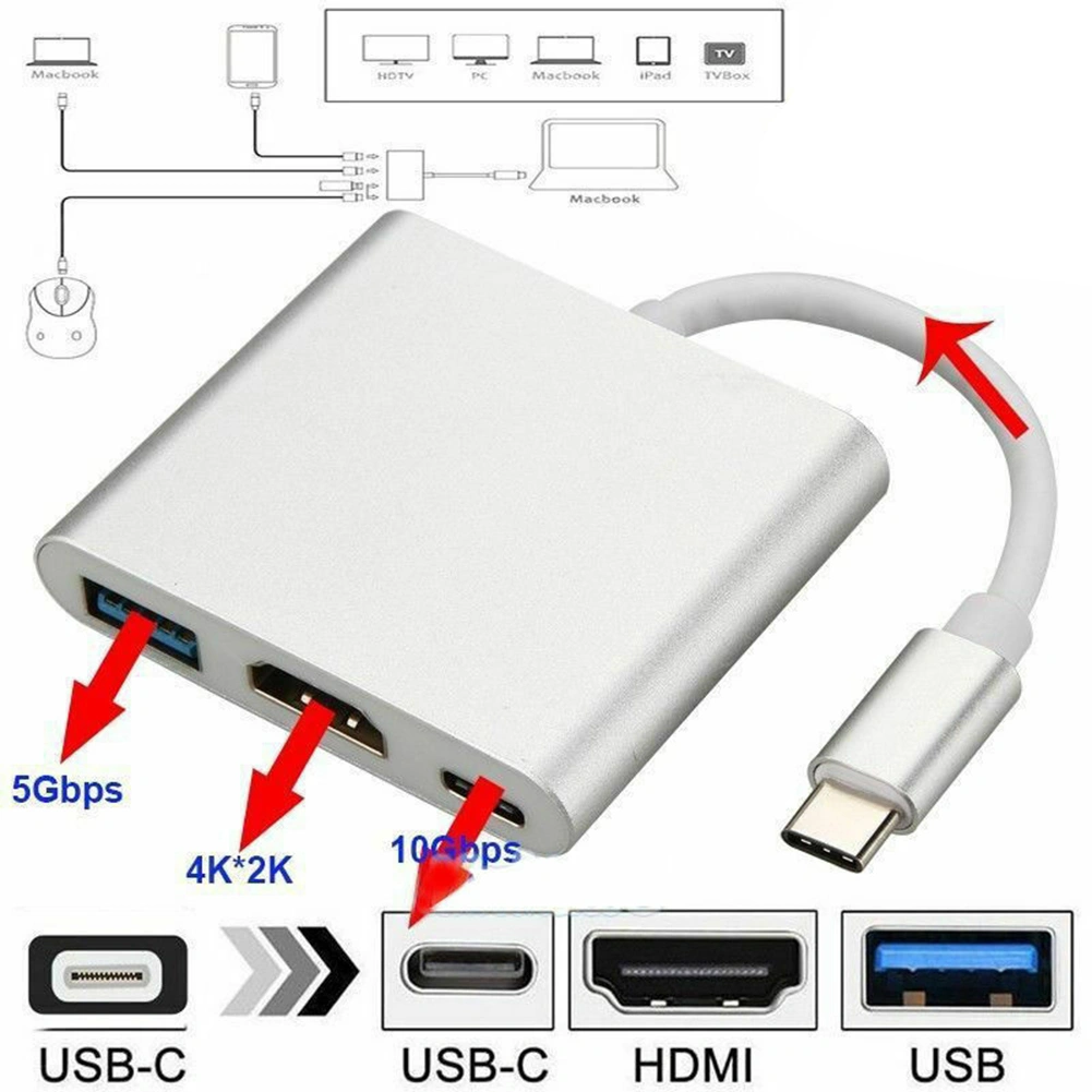 3 in 1 Portable Type-C Male to USB-C USB 3.0 4K HDMI-compatible Female Hub Adapter Cable