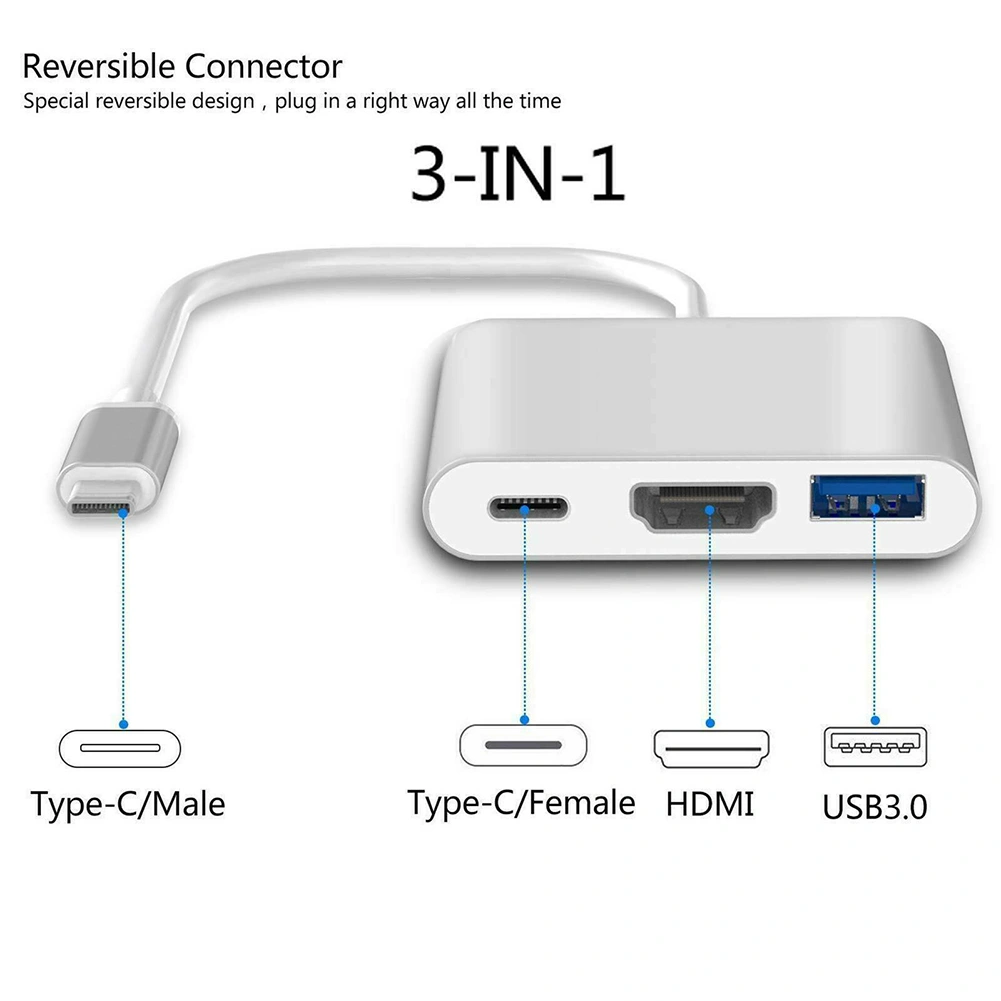 3 in 1 Portable Type-C Male to USB-C USB 3.0 4K HDMI-compatible Female Hub Adapter Cable