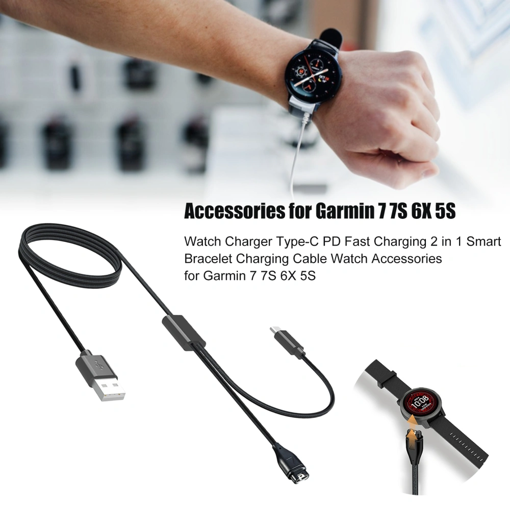 Watch Charging Cable Type-C PD Fast Charging 2 in 1 Smart Bracelet Charging Cable Watch Accessories for Garmin 7 7S 6X 5S