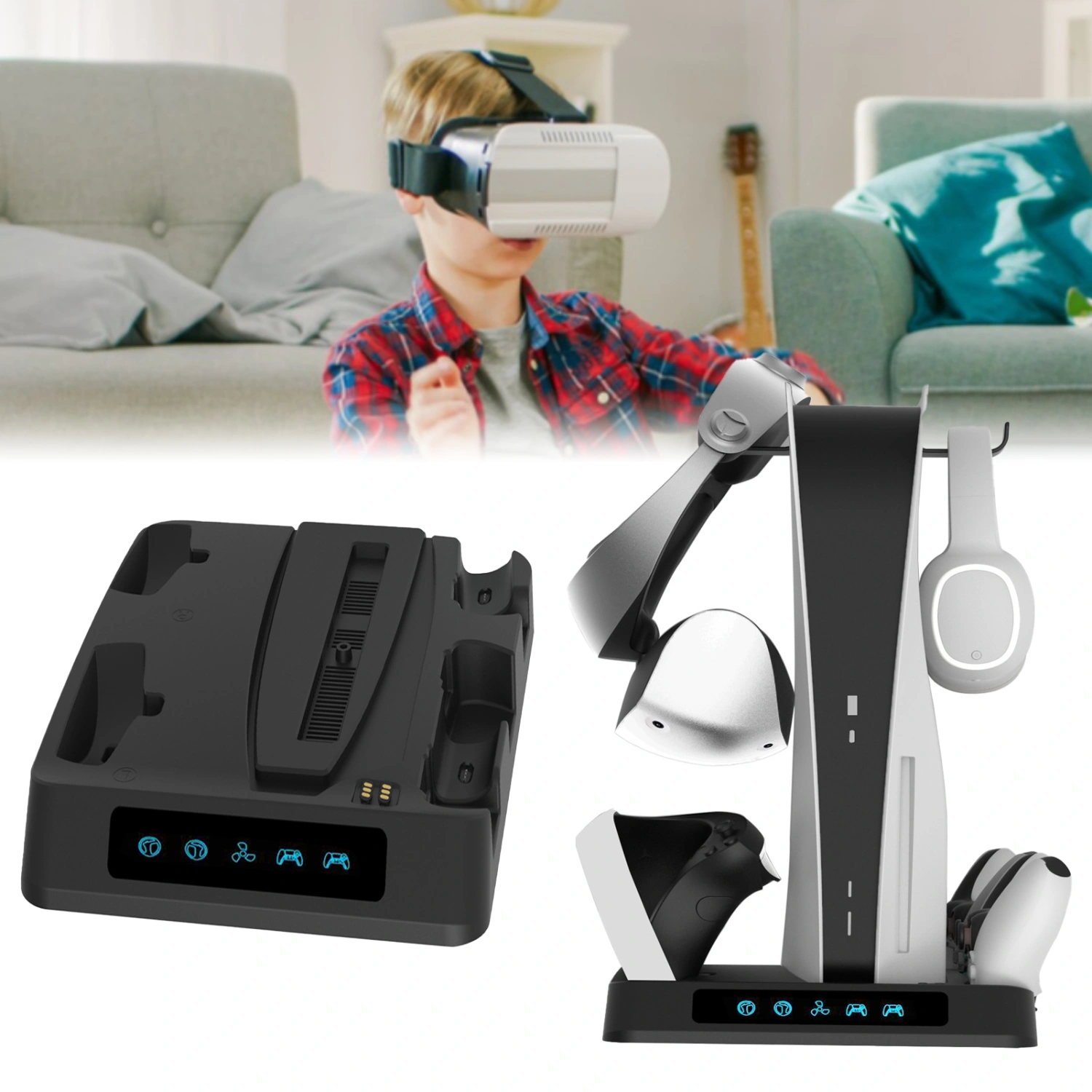 Multi-functional Controller Charging Dock Heat Dissipation LED VR Headset Glasses Headphone Display Stand for PS VR2 for PS5 Controller