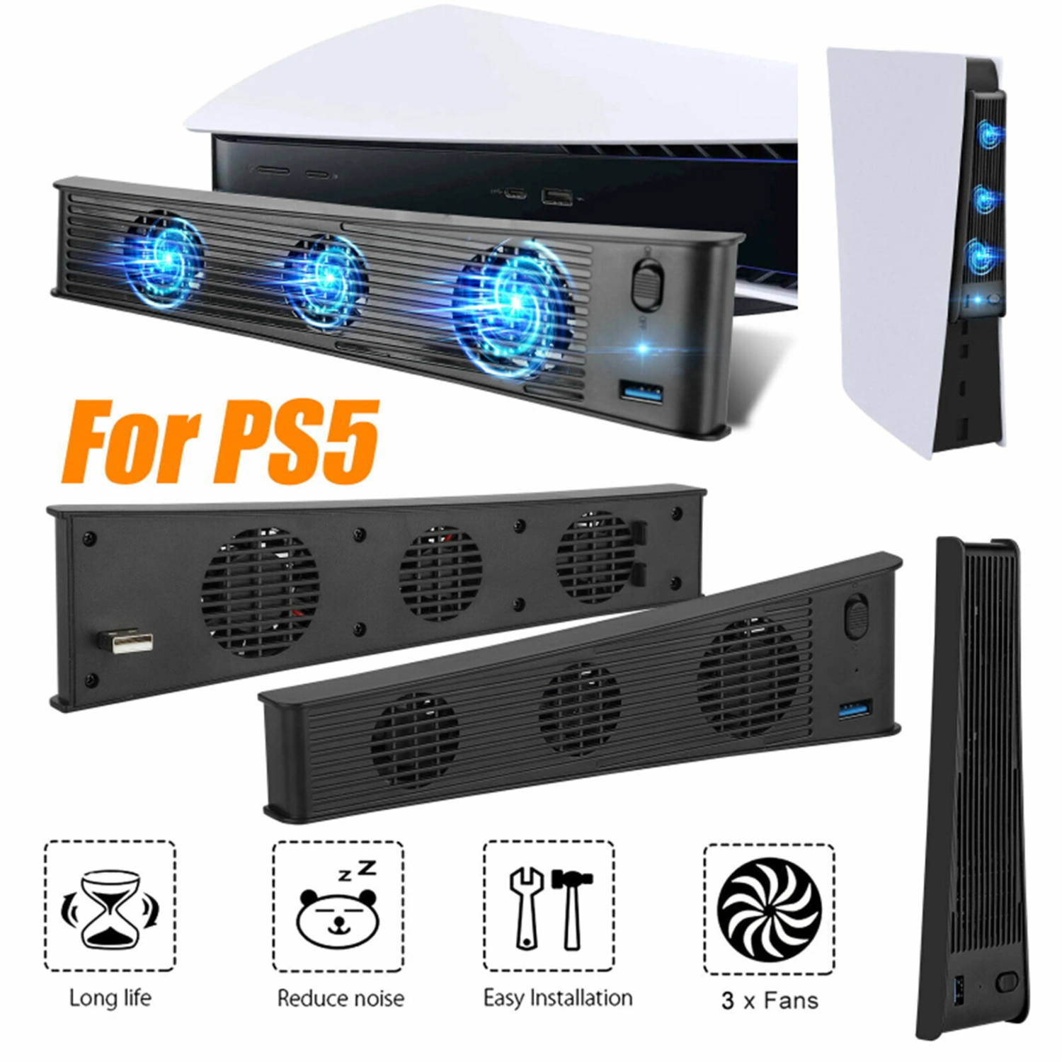 Portable 3 Fans Game Console Cooling Fan Playstation Accessories for PS5 DE/UHD Version