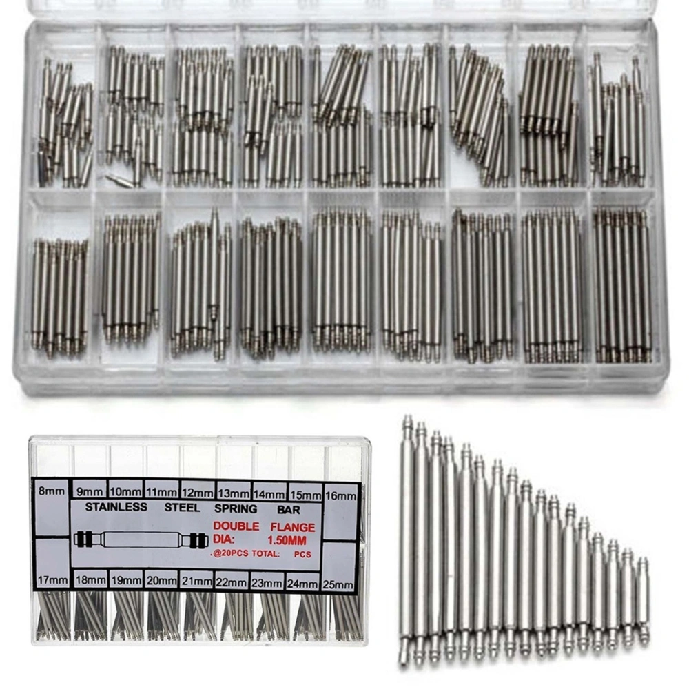 360Pcs 8mm - 25mm Stainless Steel Watch Band Spring Bars Strap Link Pins Tool