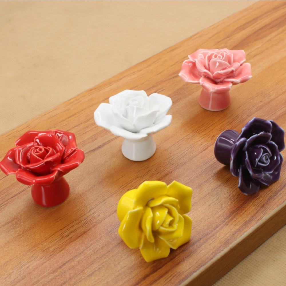 Rose Flower Ceramic Door Knobs Drawer Pulls Cupboard Door Handles with Screw