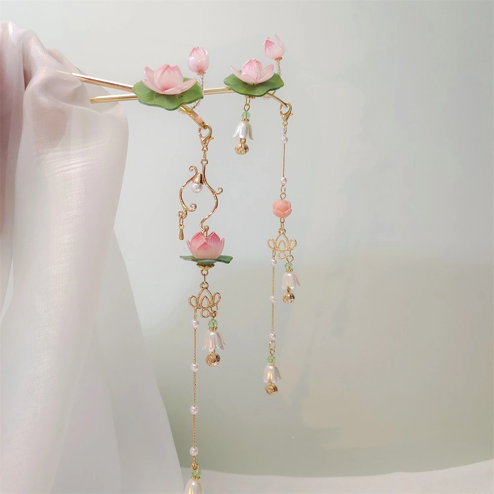 Fashion Antique Tassel Lotus Hairpin Earrings