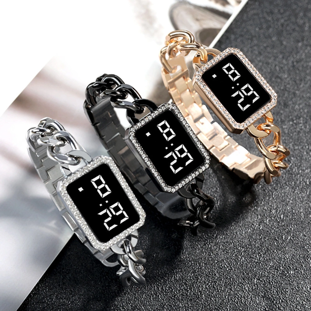 Electronic Watch Multifunctional Life Waterproof Touch Control Women Fashion Square Rhinestone LED Digital Watch for Daily Wear 