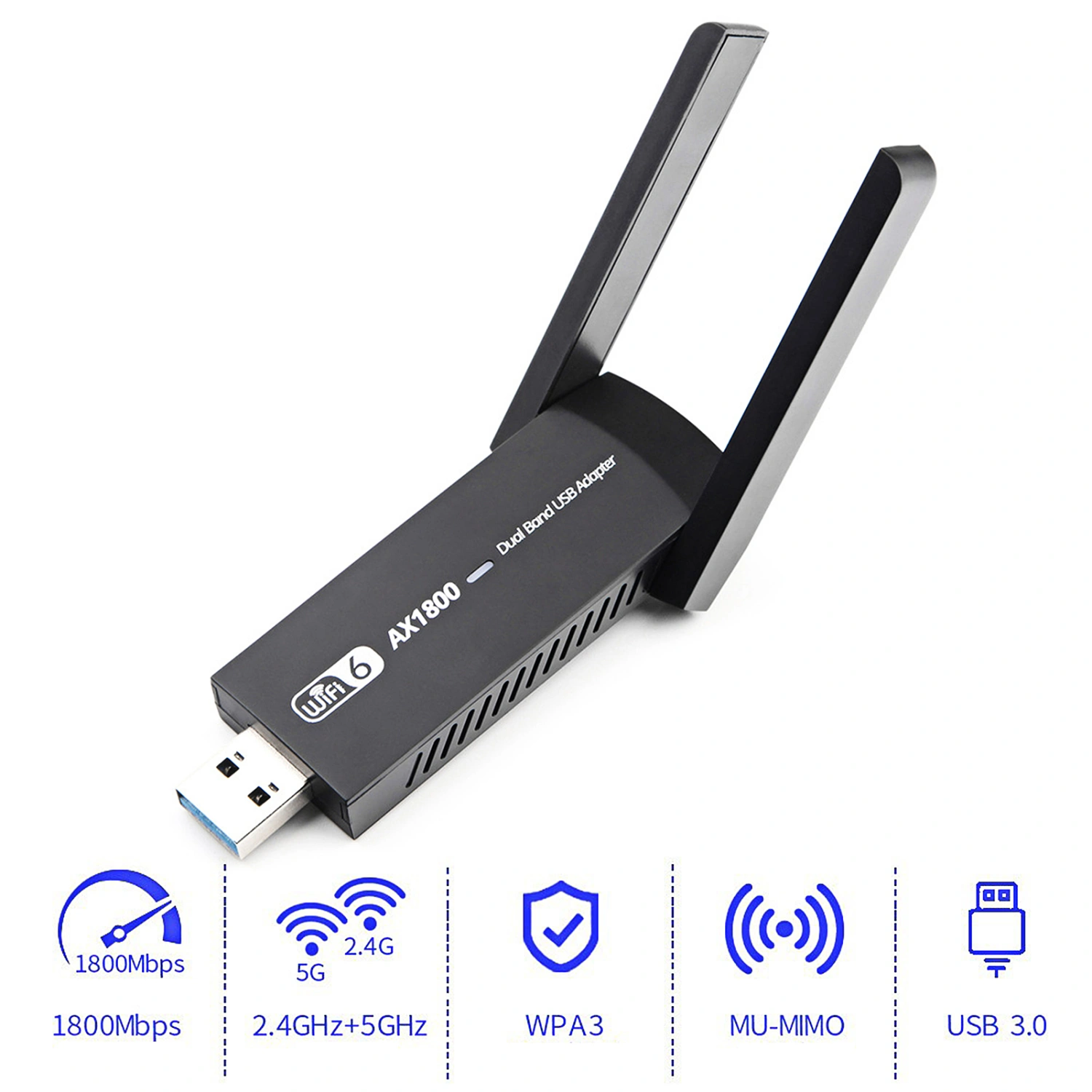 WiFi Network Card 2.4GHz/5GHz Dual Band High-speed Anti-interference Stable Signal 2 High Gain Antennas Wireless Connection 1800Mbps USB3.0 WiFi6 Wireless Network Adapter for PC