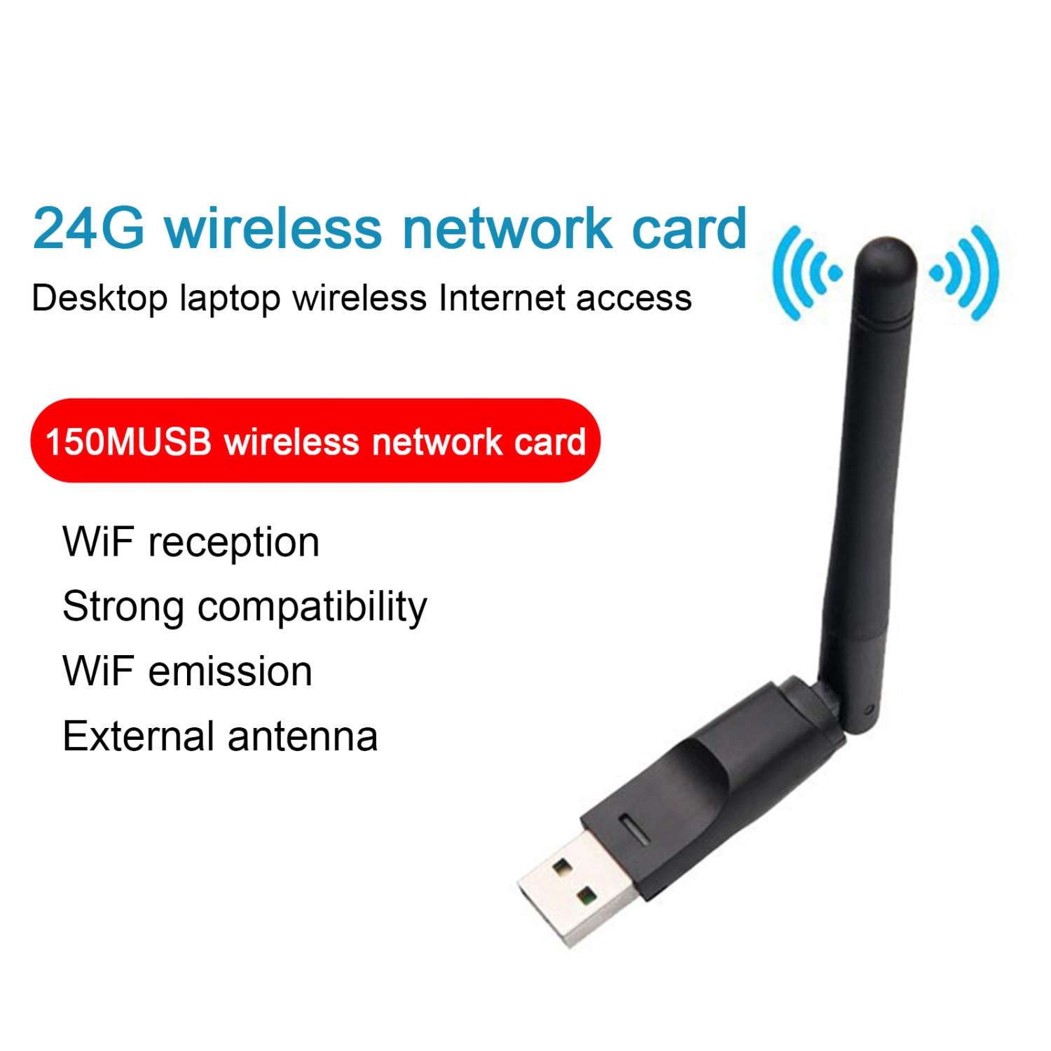 WiFi Network Card Universal Faster Transfer Stable Signal Anti-interference Built-in Antenna Audio Transmitter 150Mbps Laptop USB Wireless LAN Network Adapter Computer Accessories