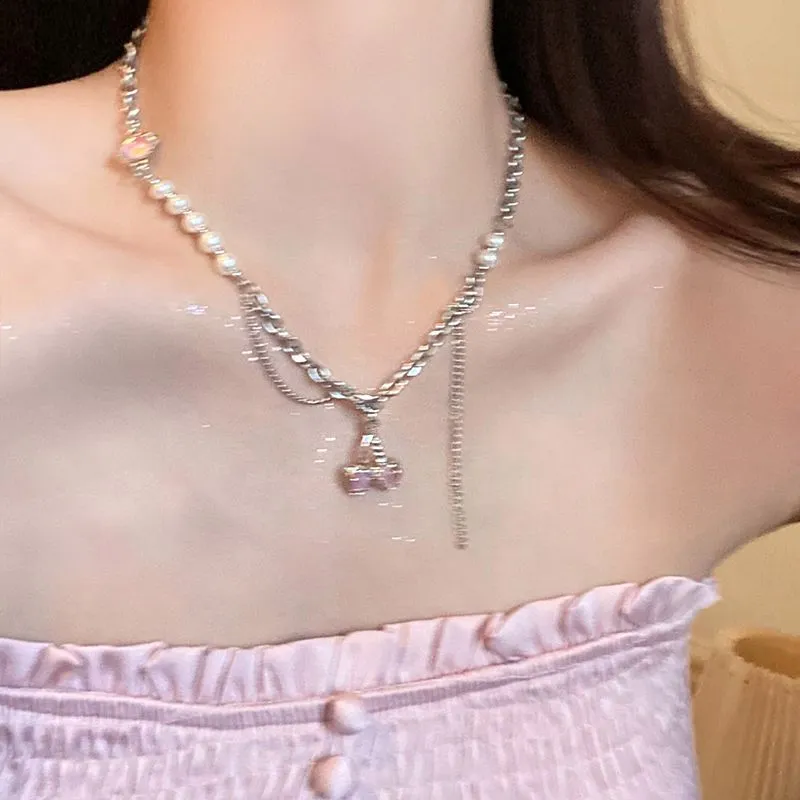 Pearl Stitching Cherry Necklace Clavicle Chain