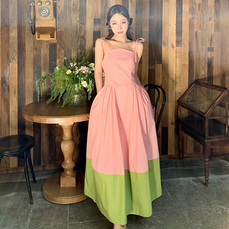 Patchwork Pink Green Color Collision Design Sweet Spaghetti-strap Dress