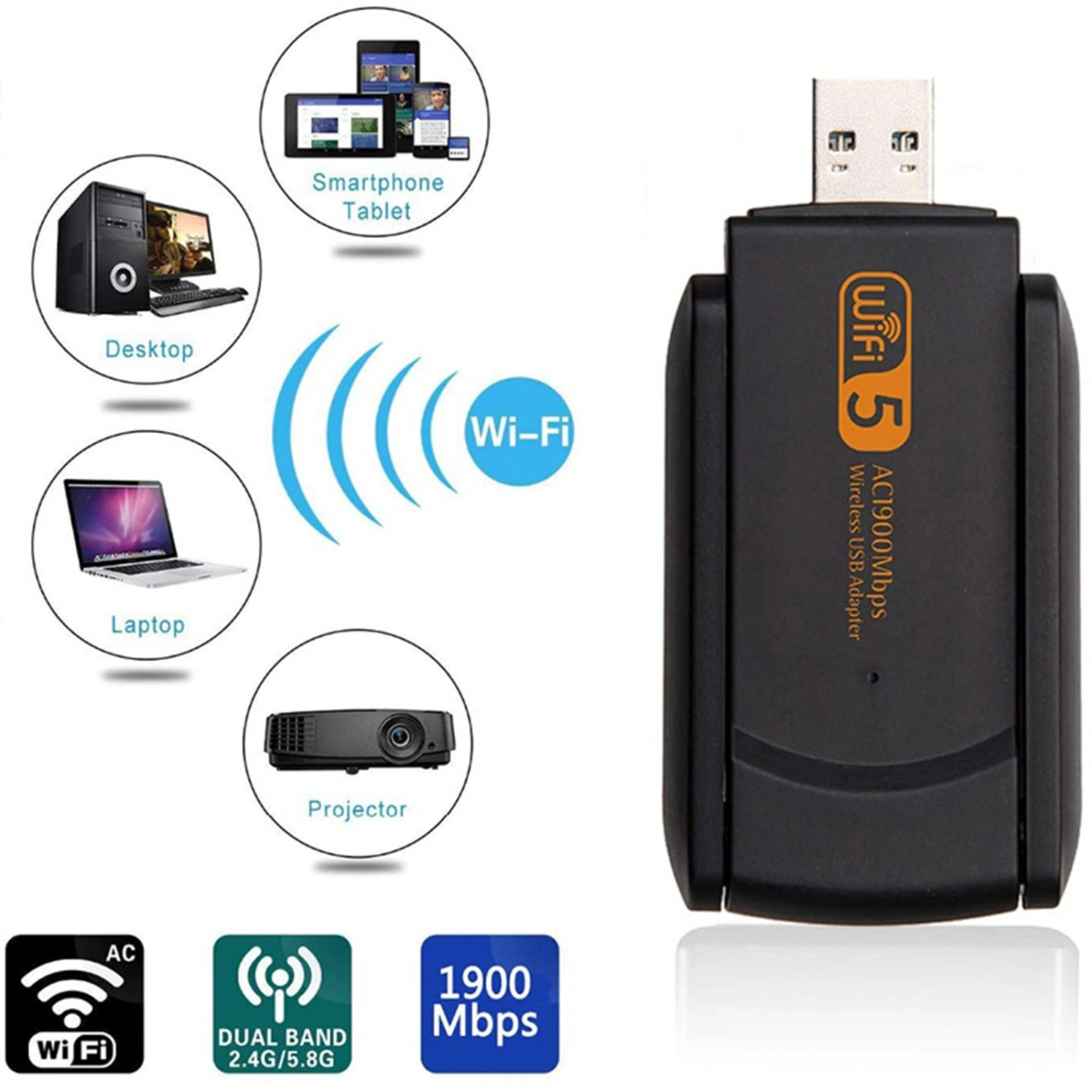 Wireless Network Card High-speed Dual Band Black AC1900Mbps USB3.0 Dual Booster Antenna WiFi Transceiver for PC