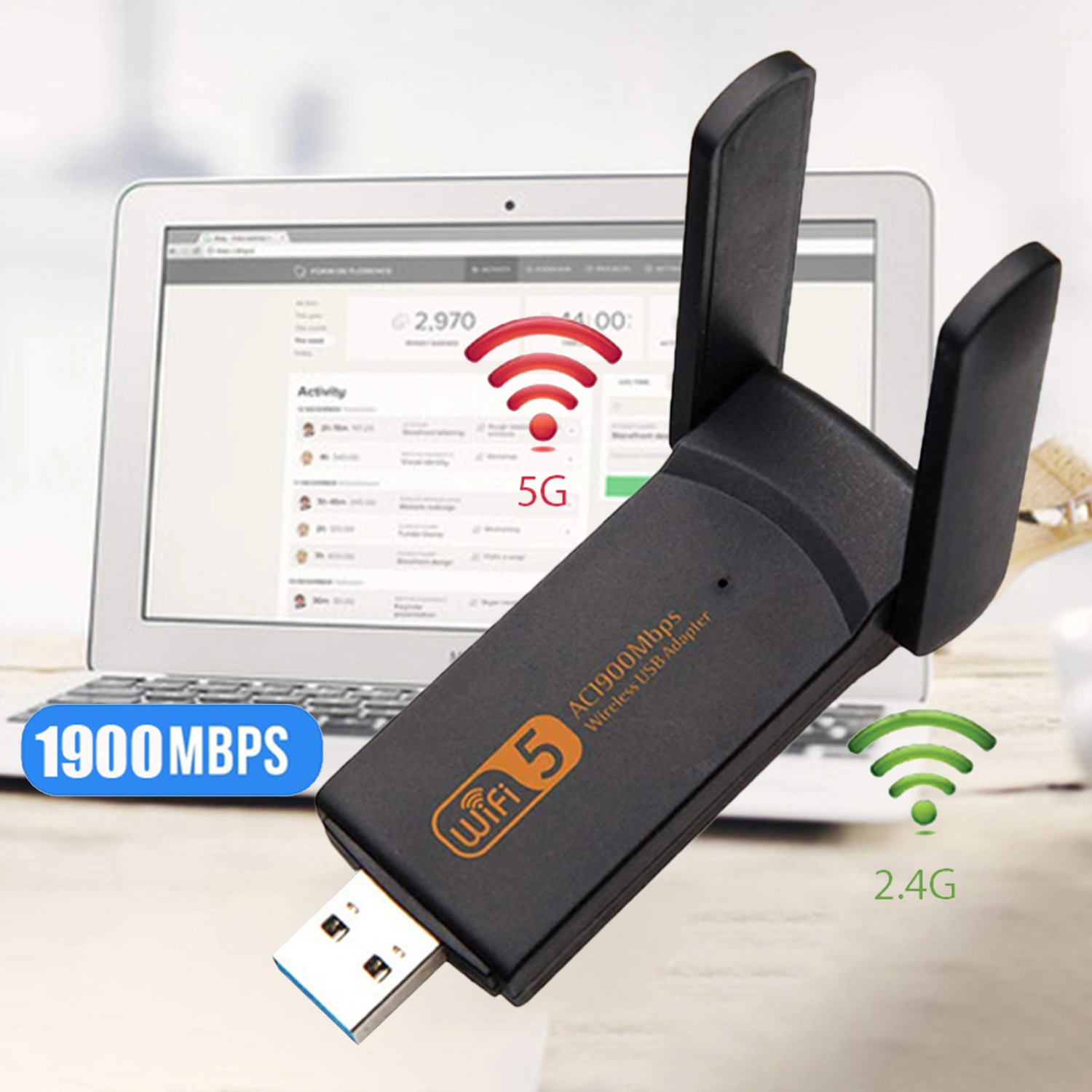 Wireless Network Card High-speed Dual Band Black AC1900Mbps USB3.0 Dual Booster Antenna WiFi Transceiver for PC