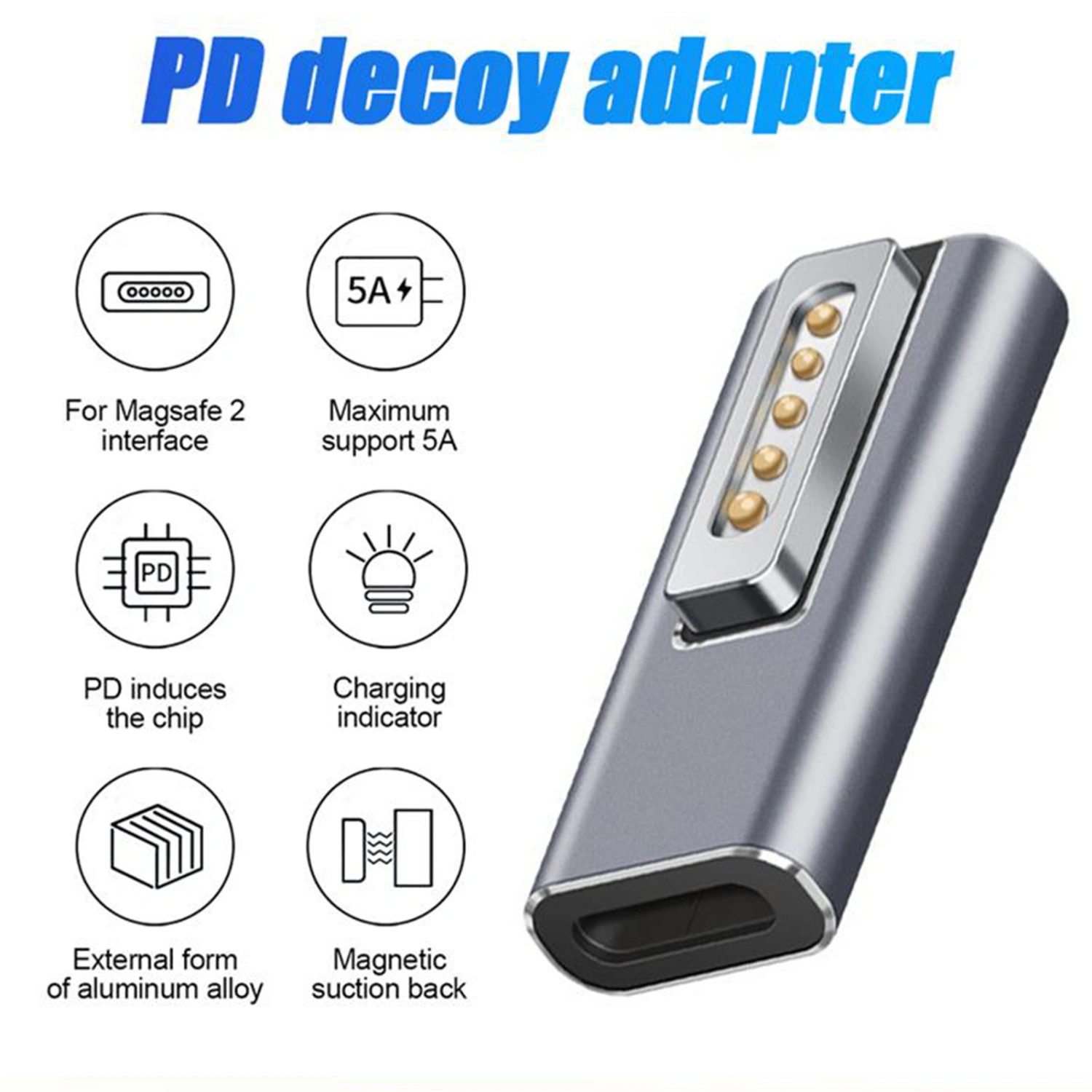 Adapter Converter PD Quick Charge Aluminum Alloy Type-C to Mag-safe 1/2 Magnetic Charging Connector for MacBook Air/Pro