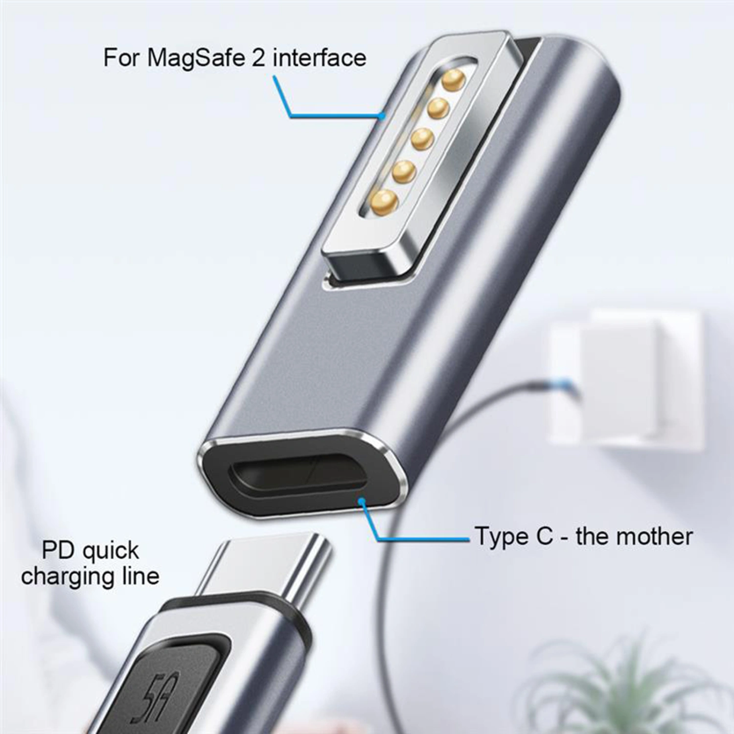 Adapter Converter PD Quick Charge Aluminum Alloy Type-C to Mag-safe 1/2 Magnetic Charging Connector for MacBook Air/Pro