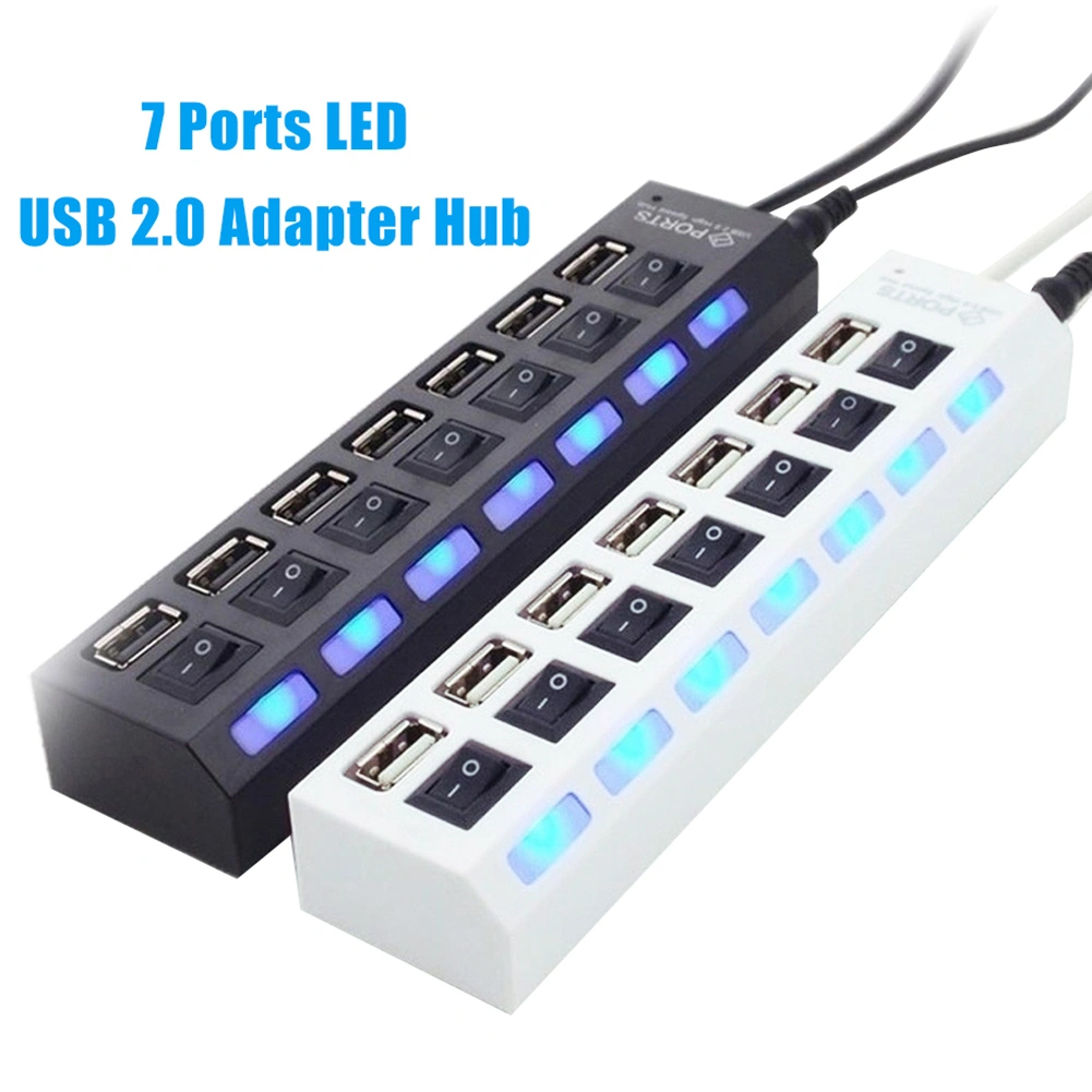 Portable LED Indicator Light 7 Ports USB 2.0 Adapter Charge Hub with Switch