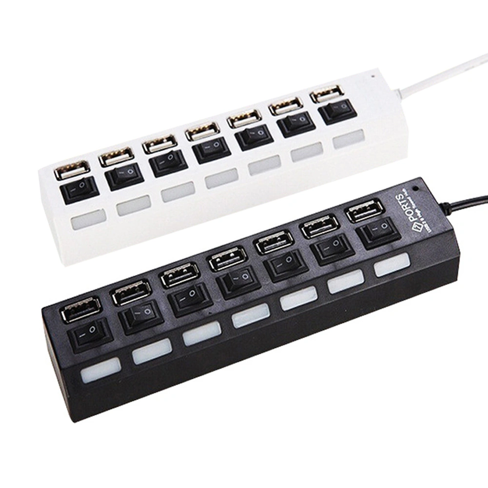 Portable LED Indicator Light 7 Ports USB 2.0 Adapter Charge Hub with Switch