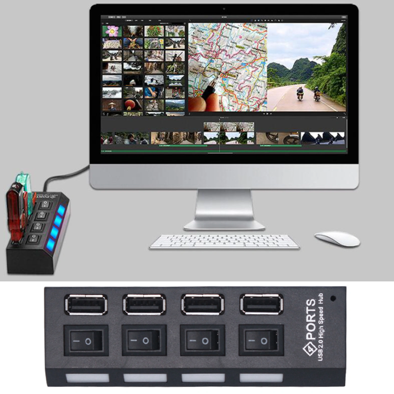 USB Hub 4 Ports Multifunctional Universal High Efficiency Space-saving High-speed Transfer with Switch Multi USB Splitter 2.0 Hub Adapter Expander Computer Accessories