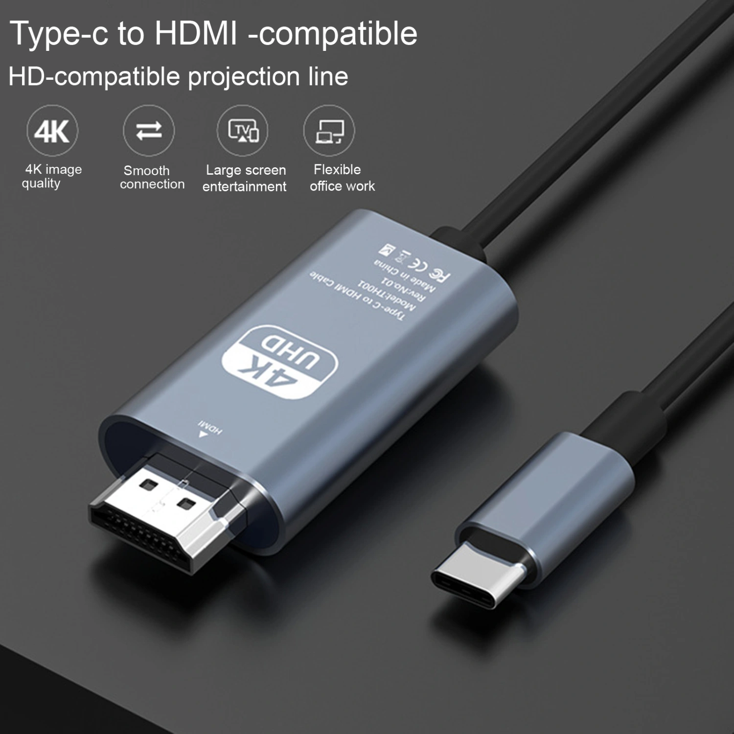 Type-C to HDMI-compatible Cord Plug Play High-Clarity Picture No-Delay High Speed Transmission 4K Converter Cable Home Use