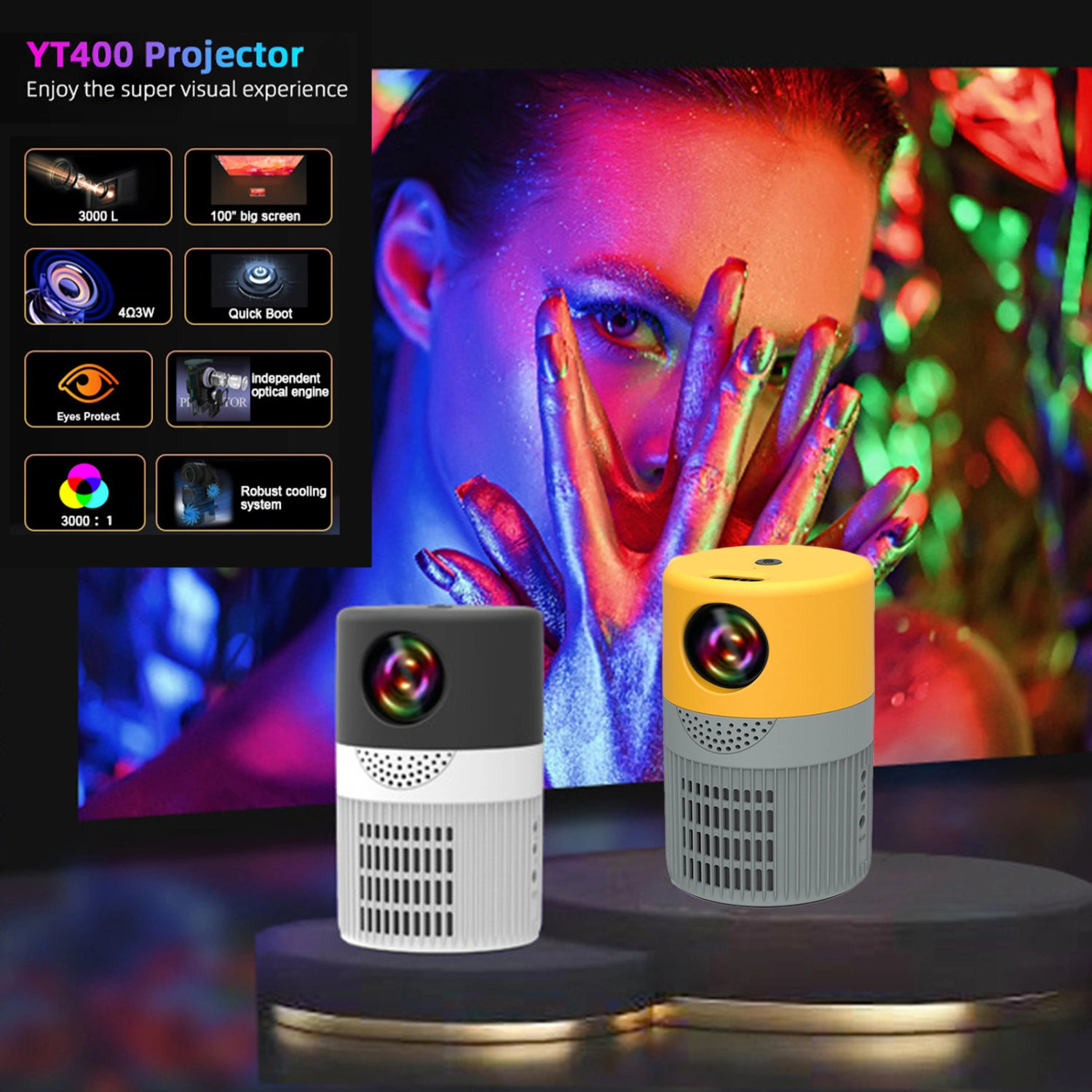 YT400 Mini Projector Multifunctional Remote Control High Resolution Clear Sound Noise Reduction Delicate Image Support 1080P LED Portable Video Projector Home Media Player for Office
