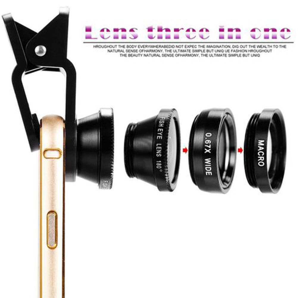 3 in 1 Mobile Phone Camera Fish Eye Macro Super Wide Angle Lens Kit with Clip