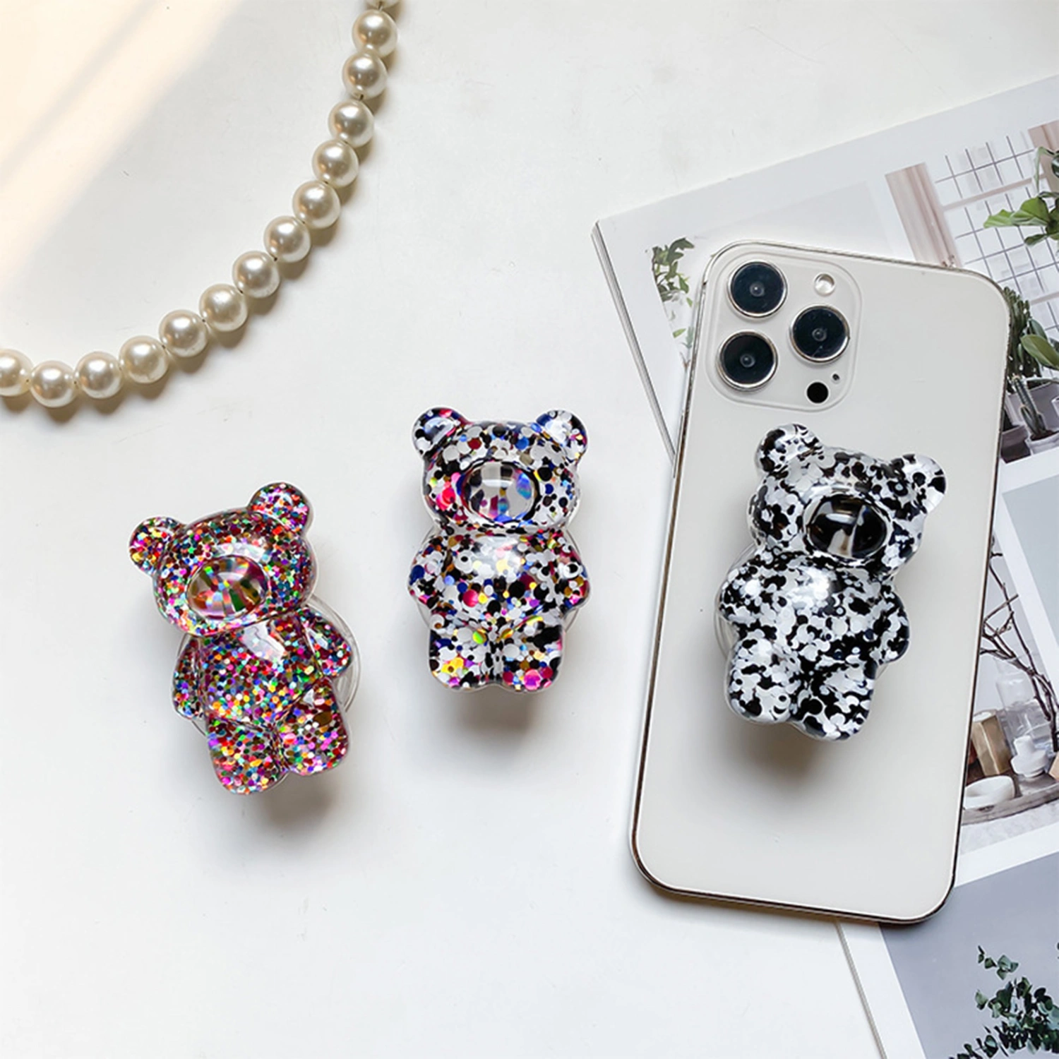 Mobile Phone Finger Holder Cartoon Foldable Epoxy Sequins 3D Cute Bear Shaped Phone Grip Tok Folding Bracket for Desktop 