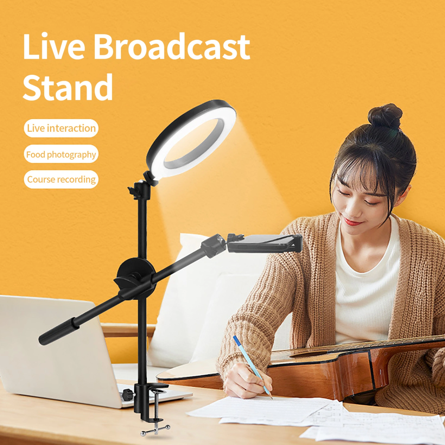 Live Broadcast Stand Overhead Shot 360 Degrees Rotation Multi-angle Adjustment Stepless Dimming Detachable Mobile Phone Holder Universal Monopod Mount Bracket LED Ring Flash Light Tabletop Stand for Studio
